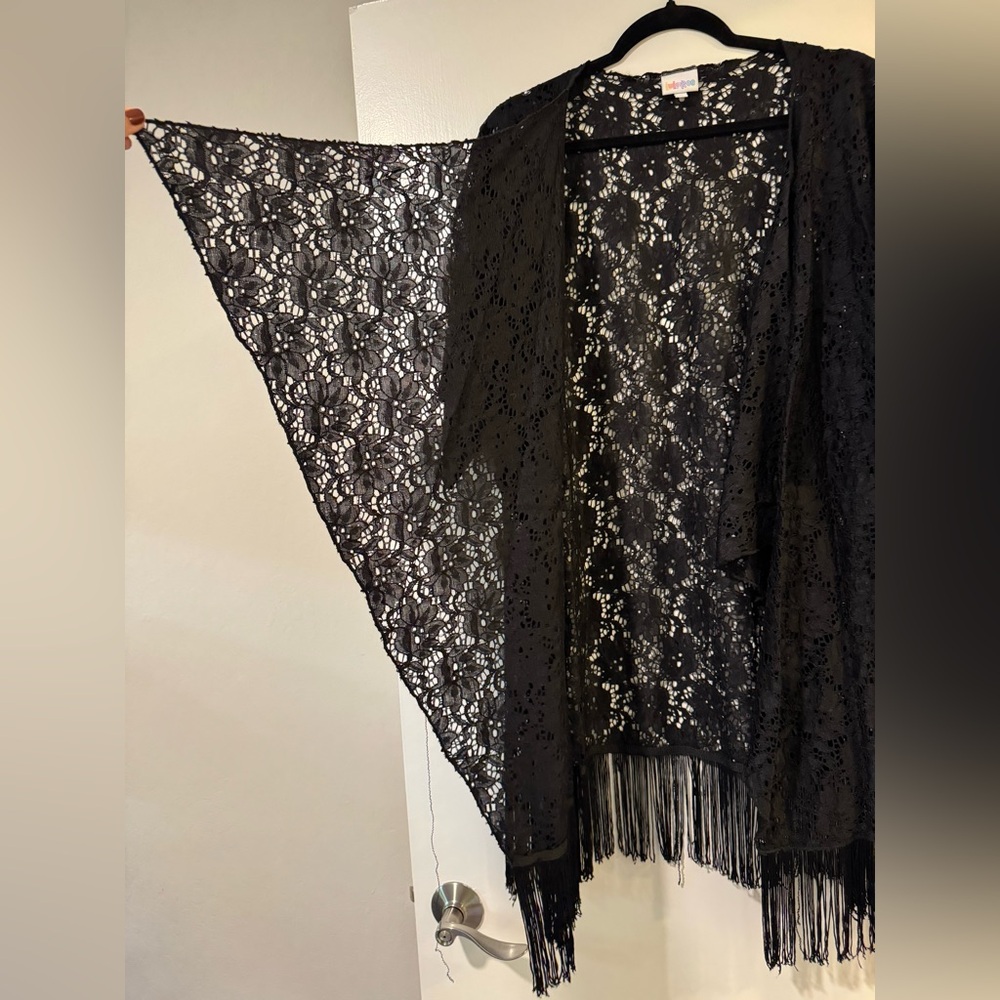 LuLaRoe Black Lace Kimono with Fringe - Picture 3 of 7